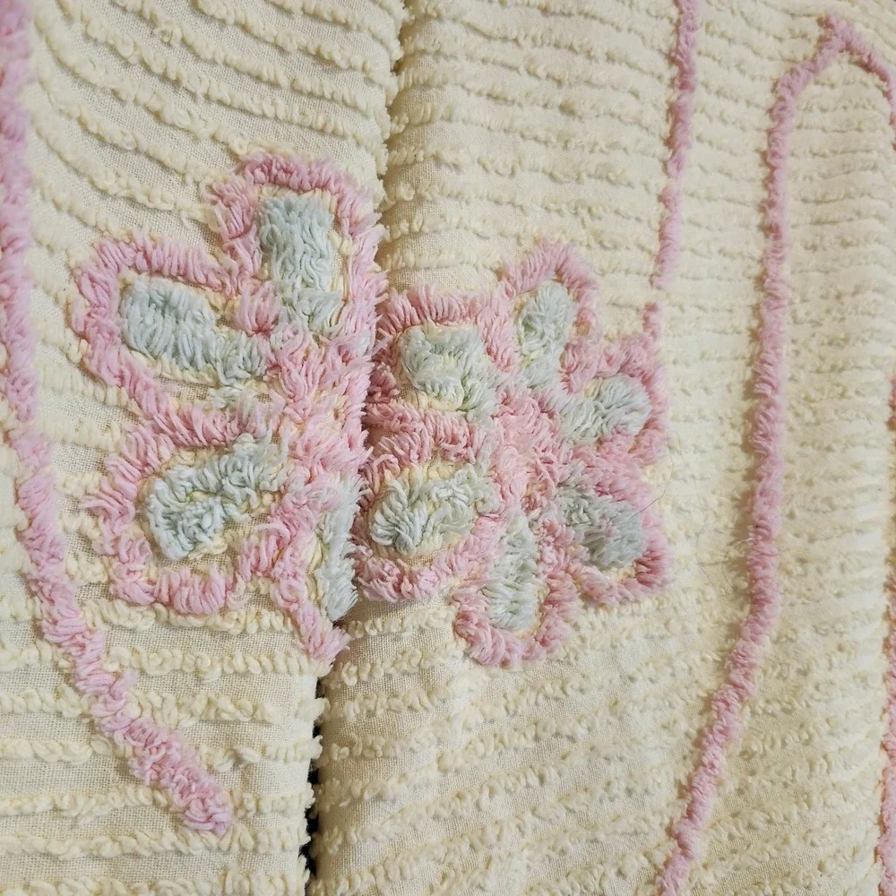 2 Chenille Bedspread Twin Full Yellow Pink Floral Vintage Cottagecore Appx 87x67
